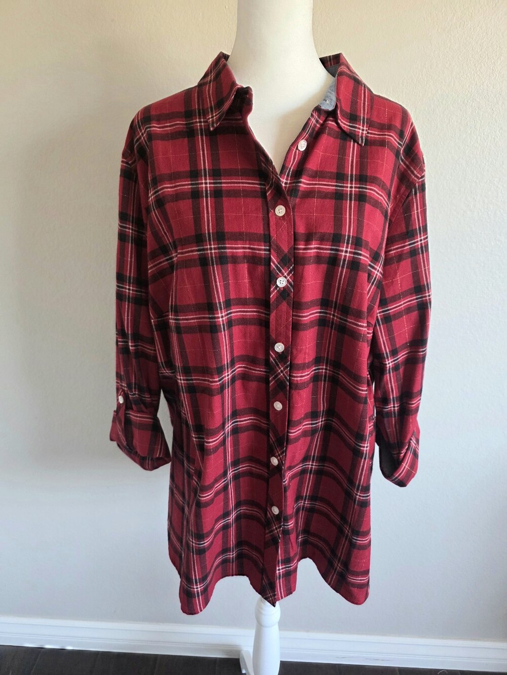 Talbots Woman Size 2X Button Up Shirt Plaid Red Gold Long Roll Tab Sleeve Cotton